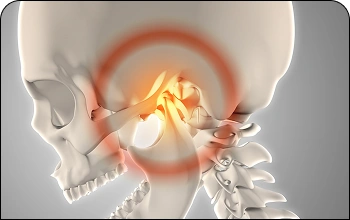 Anatomical illustration of a human skull highlighting the TMJ area for jaw pain diagnosis.